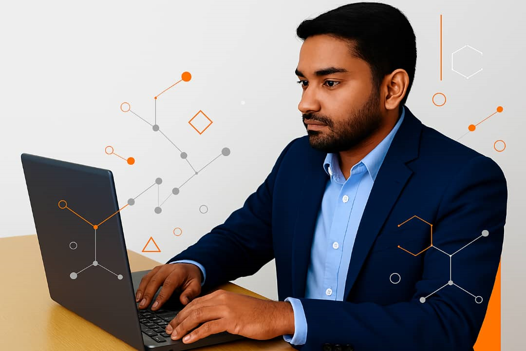 Professional hero image of man working on laptop